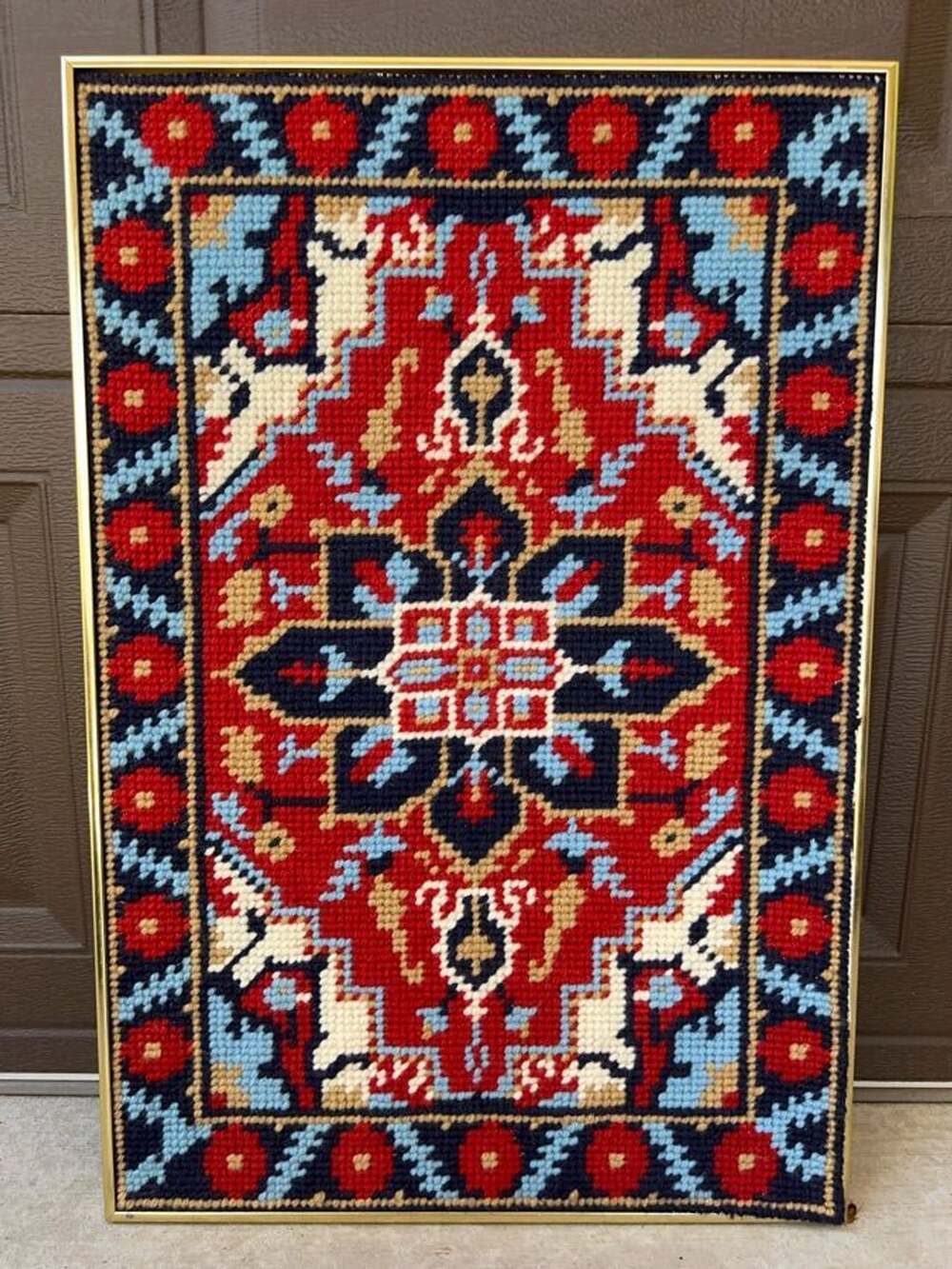 Vintage Needlepoint Tapestry Wall Hanging Red Blue Floral Rug